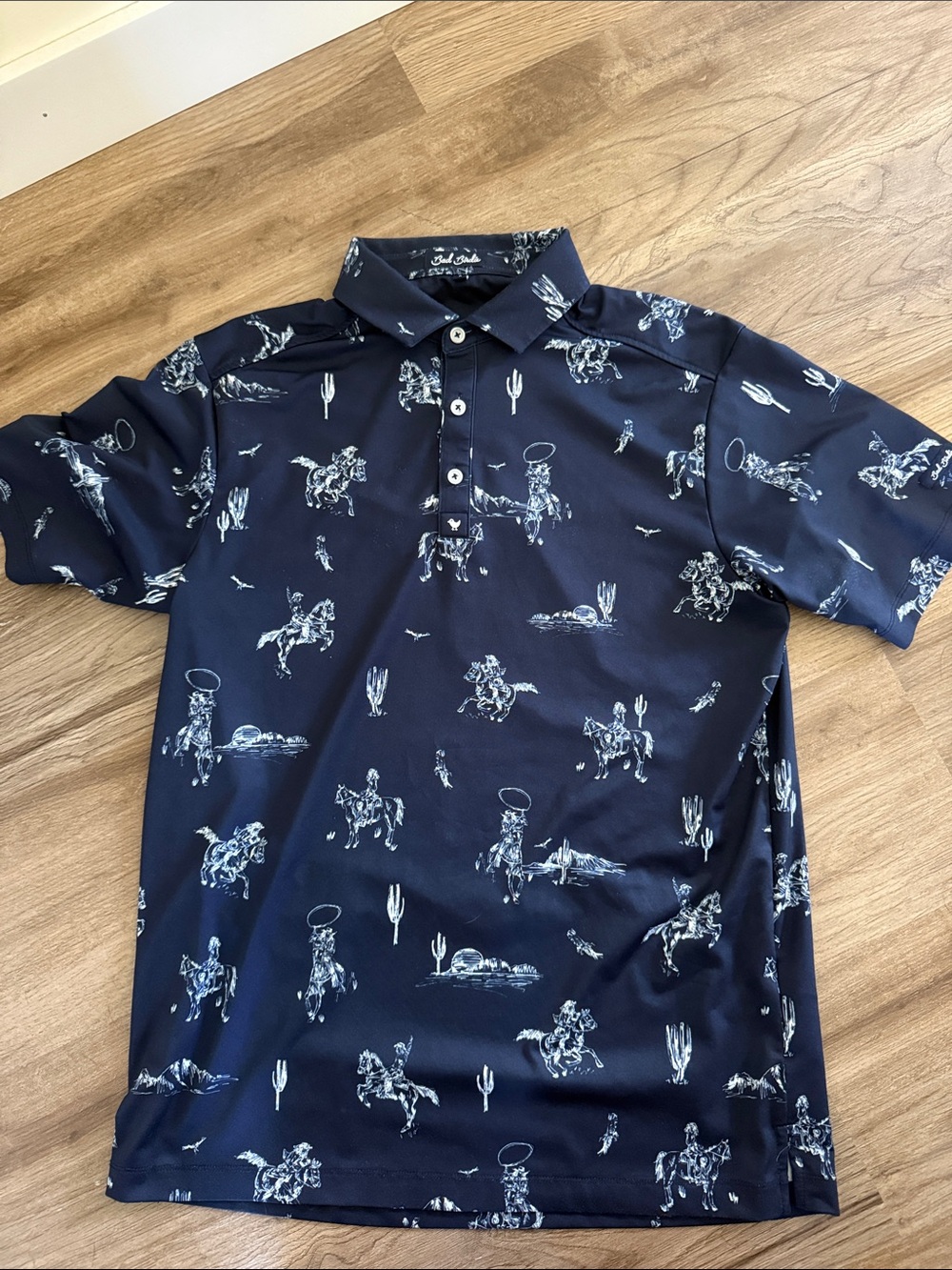 Bad Birdie Navy Polo with Western Cowboy Print